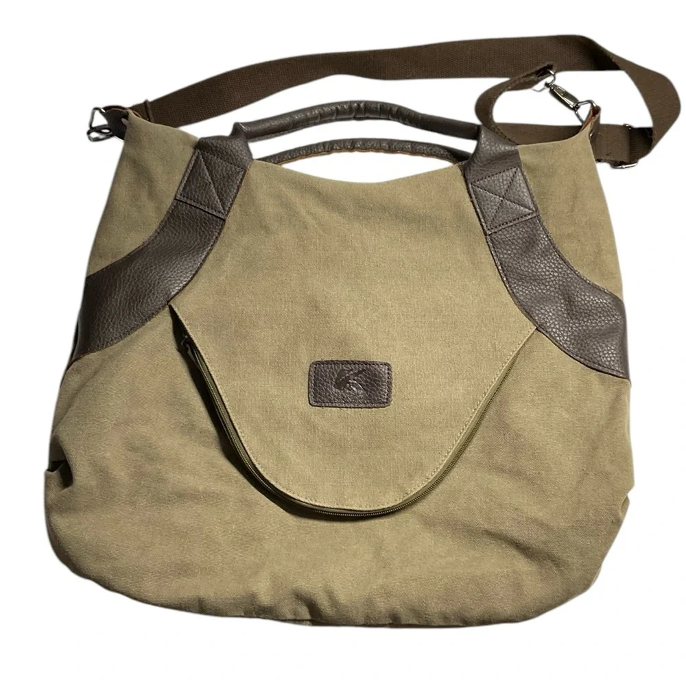 K2 Classic Fashion Tan Canvas Brown Faux Leather Accents Crossbody Messenger Bag